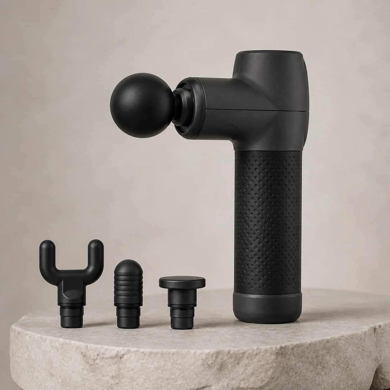 Compact charcoal massage gun with four attachment heads