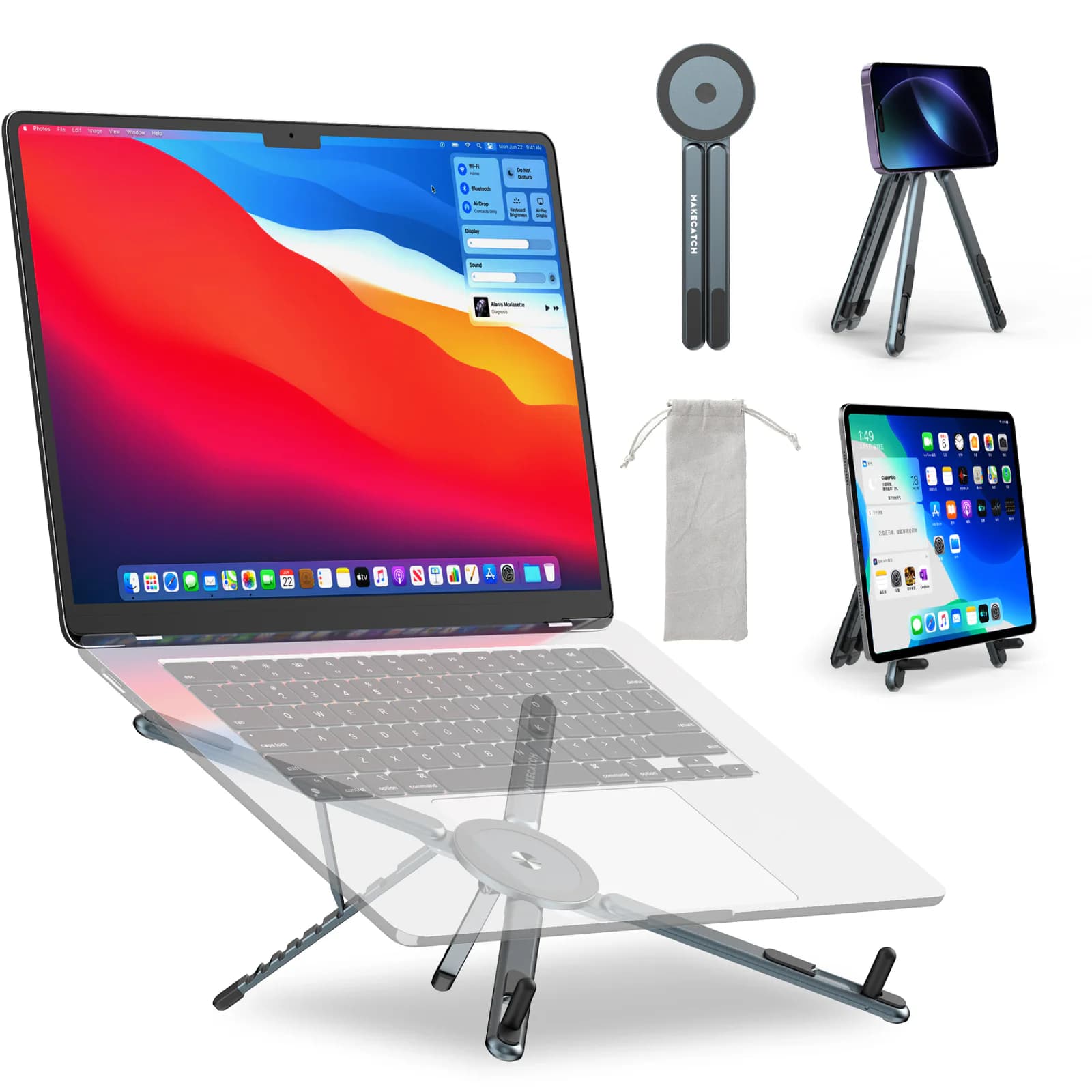 MAKECATCH E05 foldable laptop, phone, and tablet stand in gray