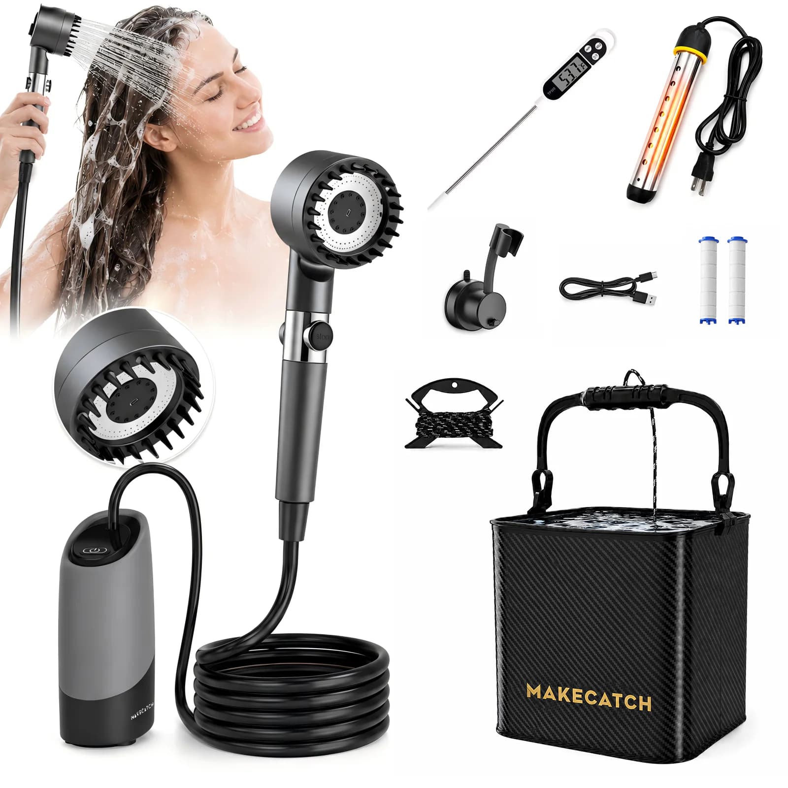 MAKECATCH PRO300 camping shower kit with pump, heater, and folding bucket